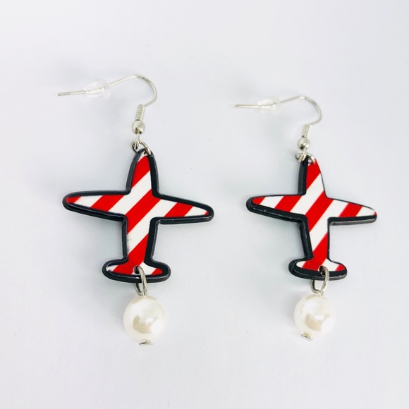 New! Red & White Striped Airplane Dangle Earrings - Picture 2 of 3